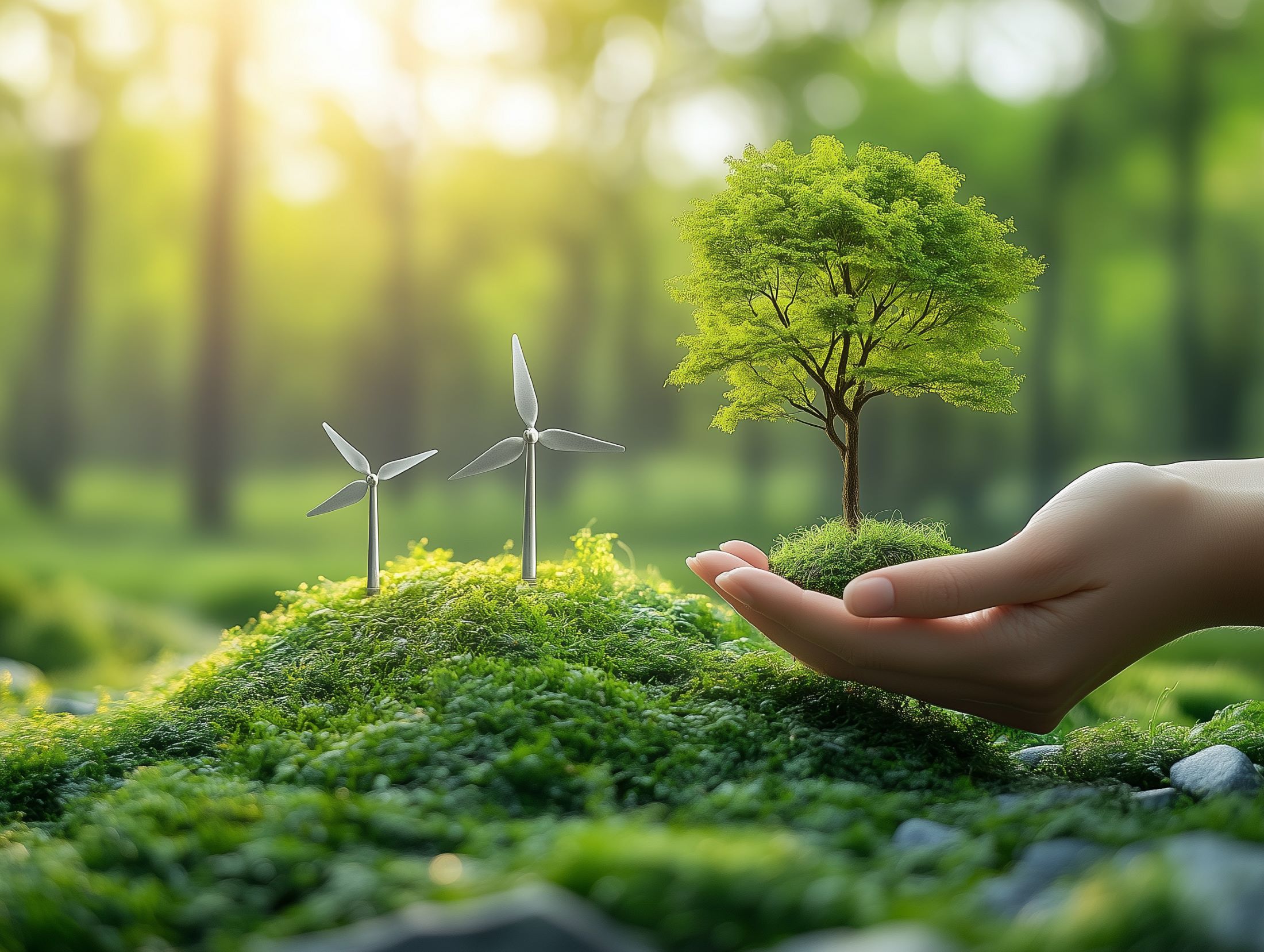 Wind turbines generating renewable energy among green trees in a landscape